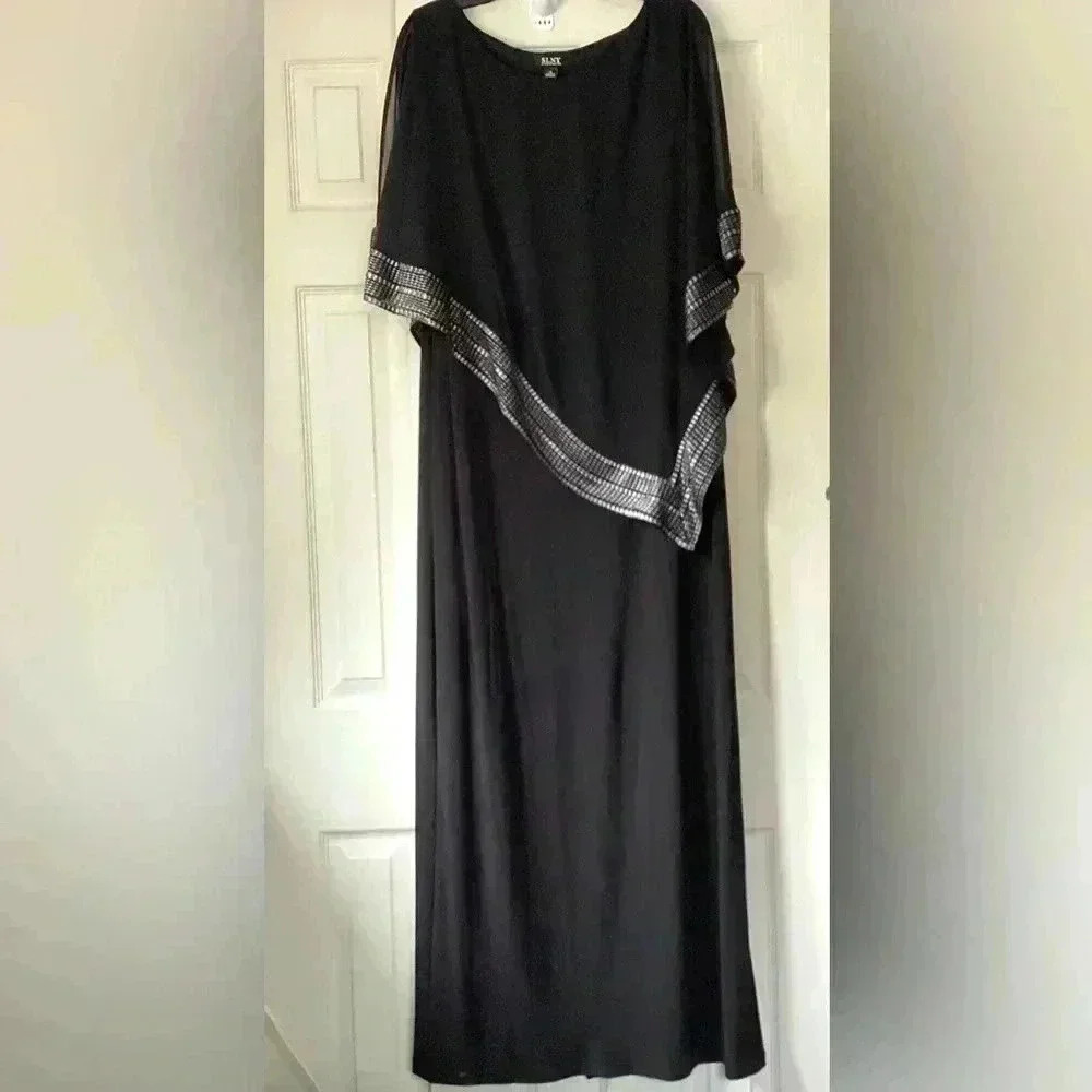 SLNY Black Overlay Style Metallic-Trim Capelet Sheath Maxi Dress16